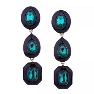 Green Rhinestone & Black Enamel Dangle Earrings